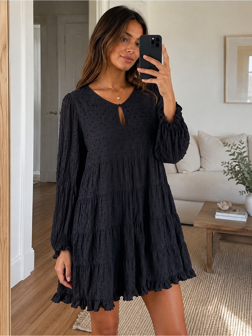 Blue Rain Black Swiss Dot Babydoll Mini Dress